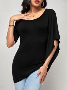SHEIN Clasi Solid Asymmetrical Neck Ruched Hem Tee - Black - View 6
