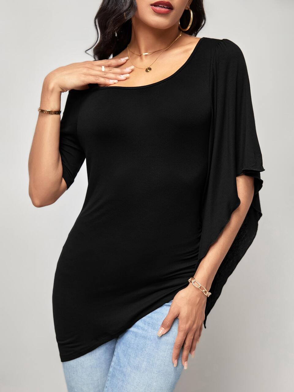Solid Asymmetrical Neck Ruched Hem Tee