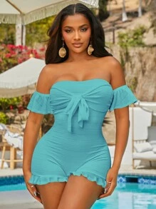 SHEIN SXY Off Shoulder Knot Front Ruffle Trim Romper - Mint Blue - View 3