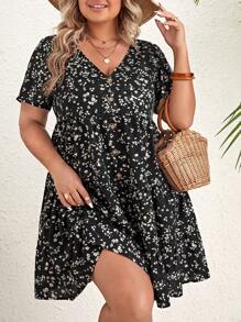SHEIN VCAY Vestido con estampado floral con botón delantero - Negro - Ver 1