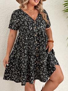 SHEIN VCAY Vestido con estampado floral con botón delantero - Negro - Ver 3