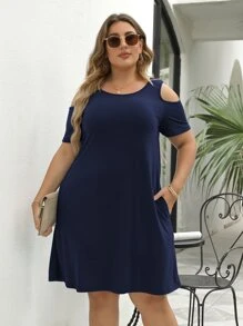 Vestido estilo camiseta de hombros descubiertos con bolsillo oculto - Azul Marino - Ver 1