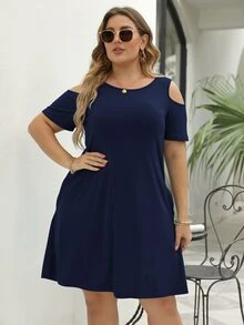 Vestido estilo camiseta de hombros descubiertos con bolsillo oculto - Azul Marino - Ver 3