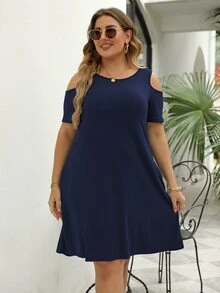 Vestido estilo camiseta de hombros descubiertos con bolsillo oculto - Azul Marino - Ver 4