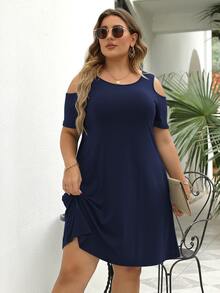 Vestido estilo camiseta de hombros descubiertos con bolsillo oculto - Azul Marino - Ver 6
