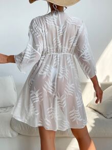 SHEIN Swim Leaf Print Batwing Sleeve Cover Up Dress - White - View 2