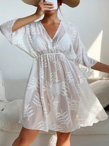 SHEIN Swim Leaf Print Batwing Sleeve Cover Up Dress - White - View 3