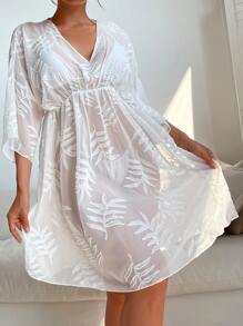 SHEIN Swim Leaf Print Batwing Sleeve Cover Up Dress - White - View 5