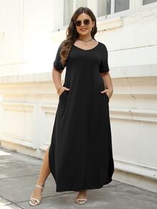 Vestido estilo camiseta unicolor bajo con abertura