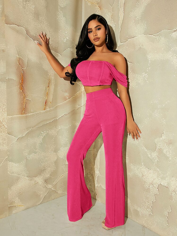 SHEIN SXY Off Shoulder Crop Top & Flare Leg Pants - Hot Pink - View 3