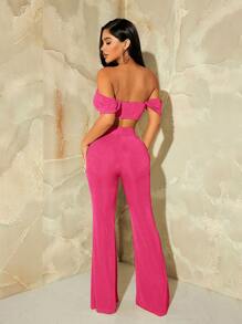 SHEIN SXY Off Shoulder Crop Top & Flare Leg Trousers - Hot Pink - View 2