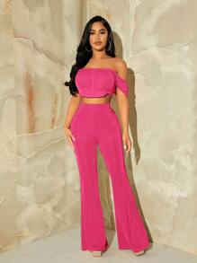 SHEIN SXY Off Shoulder Crop Top & Flare Leg Trousers - Hot Pink - View 1