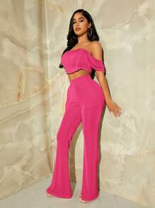 SHEIN SXY Off Shoulder Crop Top & Flare Leg Trousers - Hot Pink - View 4