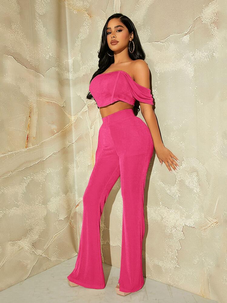 SHEIN SXY Off Shoulder Crop Top & Flare Leg Pants - Hot Pink - View 4