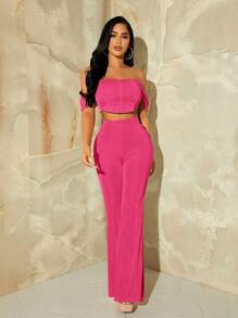 SHEIN SXY Off Shoulder Crop Top & Flare Leg Trousers - Hot Pink - View 5