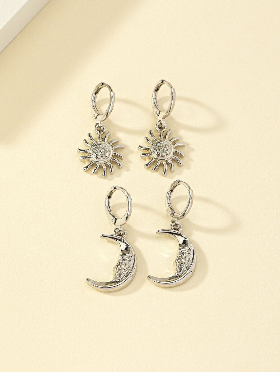 2pairs/set Sun & Moon Drop Earrings - Silver - View 1