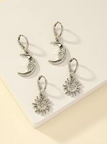 2pairs/set Sun & Moon Drop Earrings - Silver - View 2