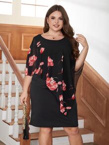 Nemidor Plus Floral Print Batwing Sleeve Dress - Black - View 3