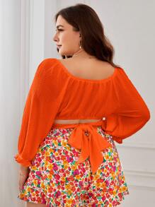 SHEIN VCAY Áo sơ mi Plus Size Hội Chữ thập viền lá sen Buộc lại Nếp gấp Phần Ngực màu trơn Giải trí - trái cam - Xem 2