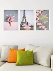 3-Panel Eiffel Tower & Flower Print Polyester Fiber Art Print Without Frame, Modern Style Pink & Gray Floral Painting Of A Little Girl's Back For Living Room, Bedroom, Study Room Decoration, Home Decor - Multicolor - View 1