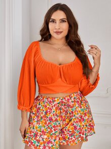 SHEIN VCAY Áo sơ mi Plus Size Hội Chữ thập viền lá sen Buộc lại Nếp gấp Phần Ngực màu trơn Giải trí - trái cam - Xem 6