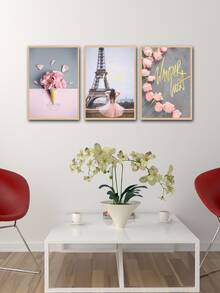 3-Panel Eiffel Tower & Flower Print Polyester Fiber Art Print Without Frame, Modern Style Pink & Gray Floral Painting Of A Little Girl's Back For Living Room, Bedroom, Study Room Decoration, Home Decor - Multicolor - View 2