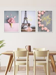 3-Panel Eiffel Tower & Flower Print Polyester Fiber Art Print Without Frame, Modern Style Pink & Gray Floral Painting Of A Little Girl's Back For Living Room, Bedroom, Study Room Decoration, Home Decor - Multicolor - View 6