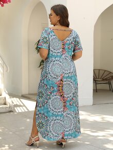 Nemidor Plus Mandala Print Split Thigh Dress - Cadet Blue - View 2