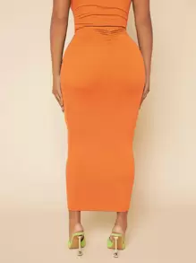 SHEIN SXY Solid Ruched Front Pencil Skirt - Orange - View 1