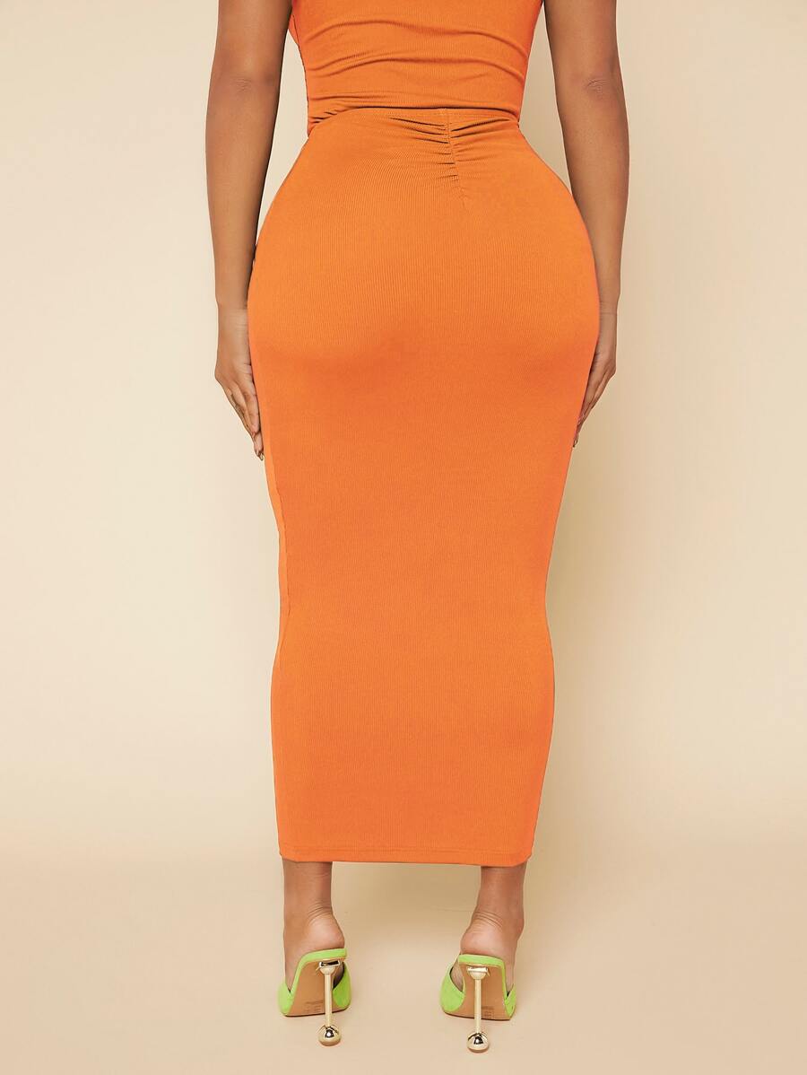 SHEIN SXY Solid Ruched Front Pencil Skirt - Orange - View 1