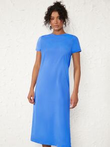 SHEIN BASICS Solid Split Thigh Tee Dress - Royal Blue - View 3