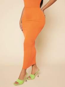 SHEIN SXY Solid Ruched Front Pencil Skirt - Orange - View 4