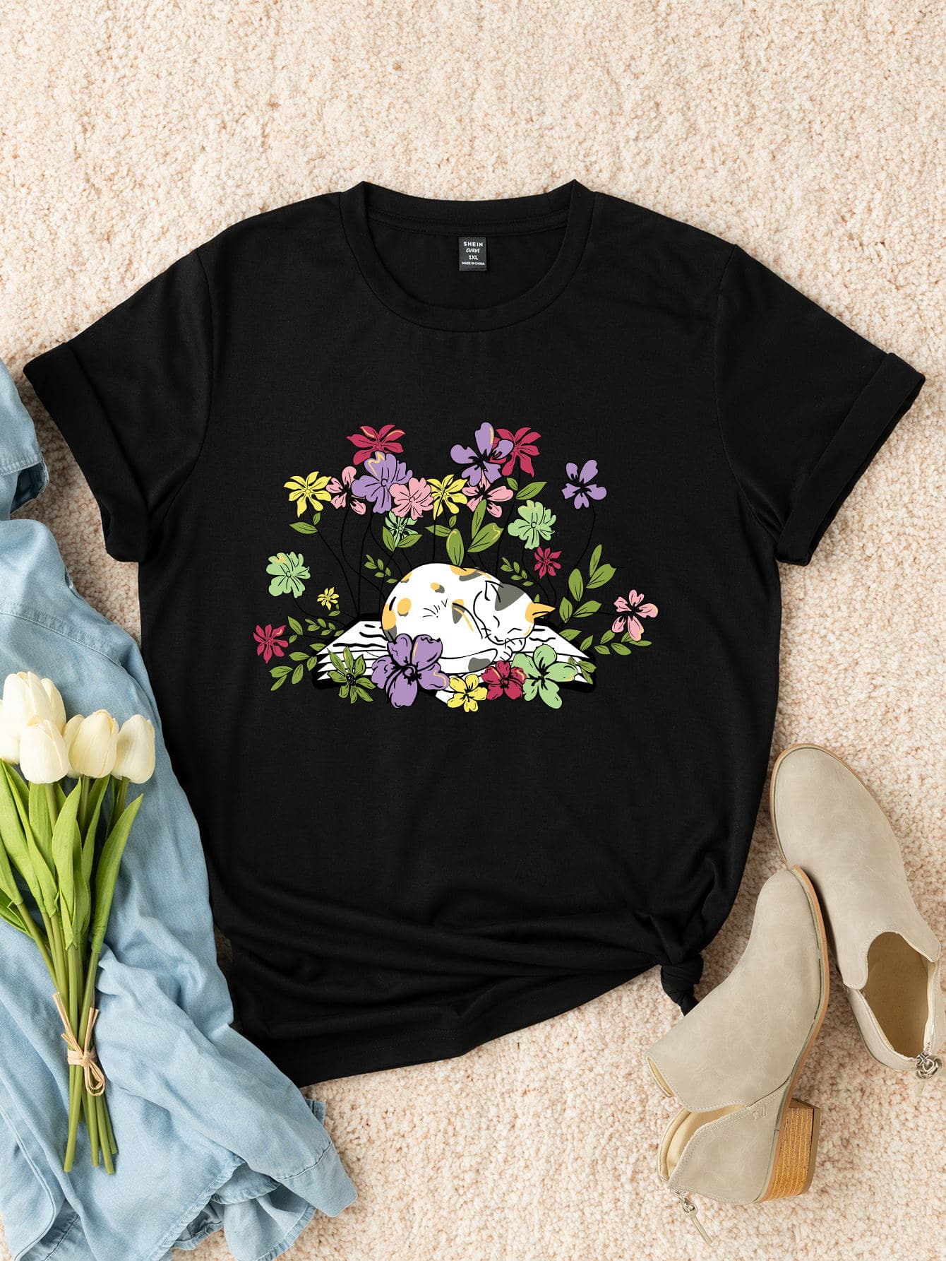 SHEIN Unity Plus Floral Print Tee - Black - View 1