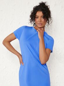 SHEIN BASICS Solid Split Thigh Tee Dress - Royal Blue - View 4