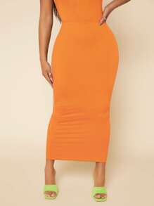 SHEIN SXY Solid Ruched Front Pencil Skirt - Orange - View 5