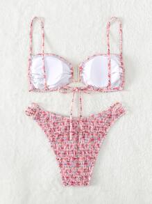 Swim Mod Summer Beach Ditsy Floral Print Smocked Bikini Set - Multicolor - View 2