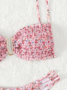 Swim Mod Summer Beach Ditsy Floral Print Smocked Bikini Set - Multicolor - View 3