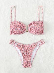 Swim Mod Summer Beach Ditsy Floral Print Smocked Bikini Set - Multicolor - View 4