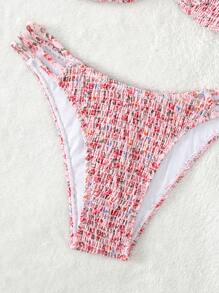 Swim Mod Summer Beach Ditsy Floral Print Smocked Bikini Set - Multicolor - View 5