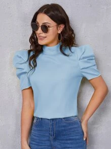 SHEIN Privé 小高領泡泡袖素色上衣 - 淺藍色 - 查看 1