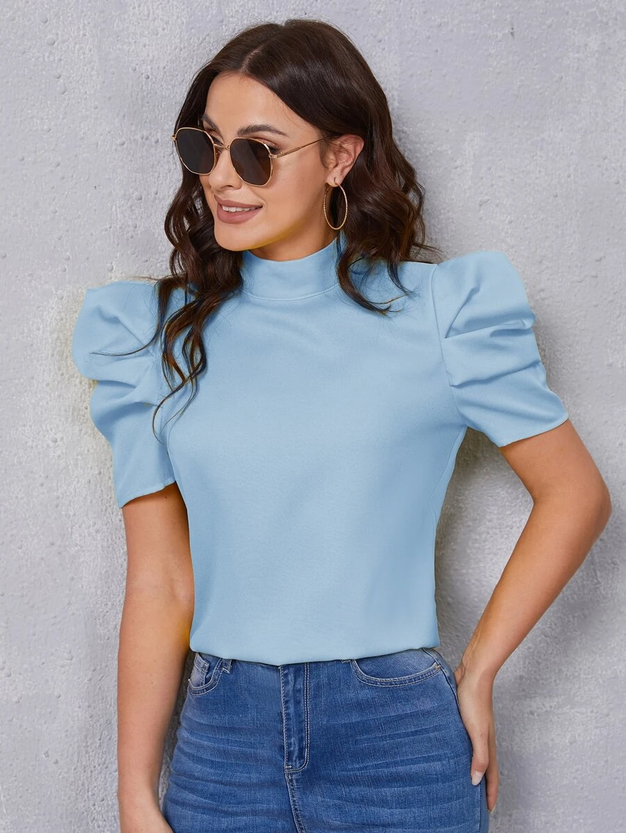 SHEIN Privé 小高領泡泡袖素色上衣 - 淺藍色 - 查看 1