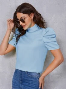 SHEIN Privé 小高領泡泡袖素色上衣 - 淺藍色 - 查看 3