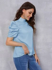 SHEIN Privé 小高領泡泡袖素色上衣 - 淺藍色 - 查看 4