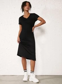 SHEIN BASICS Solid V Neck Tee Dress - Black - View 3