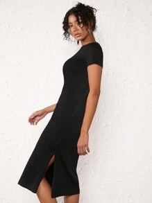 SHEIN BASICS Solid V Neck Tee Dress - Black - View 4