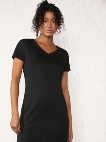 SHEIN BASICS Solid V Neck Tee Dress - Black - View 5