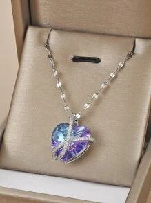 水鑽裝飾愛心掛飾項鍊 - 銀色 - 查看 1