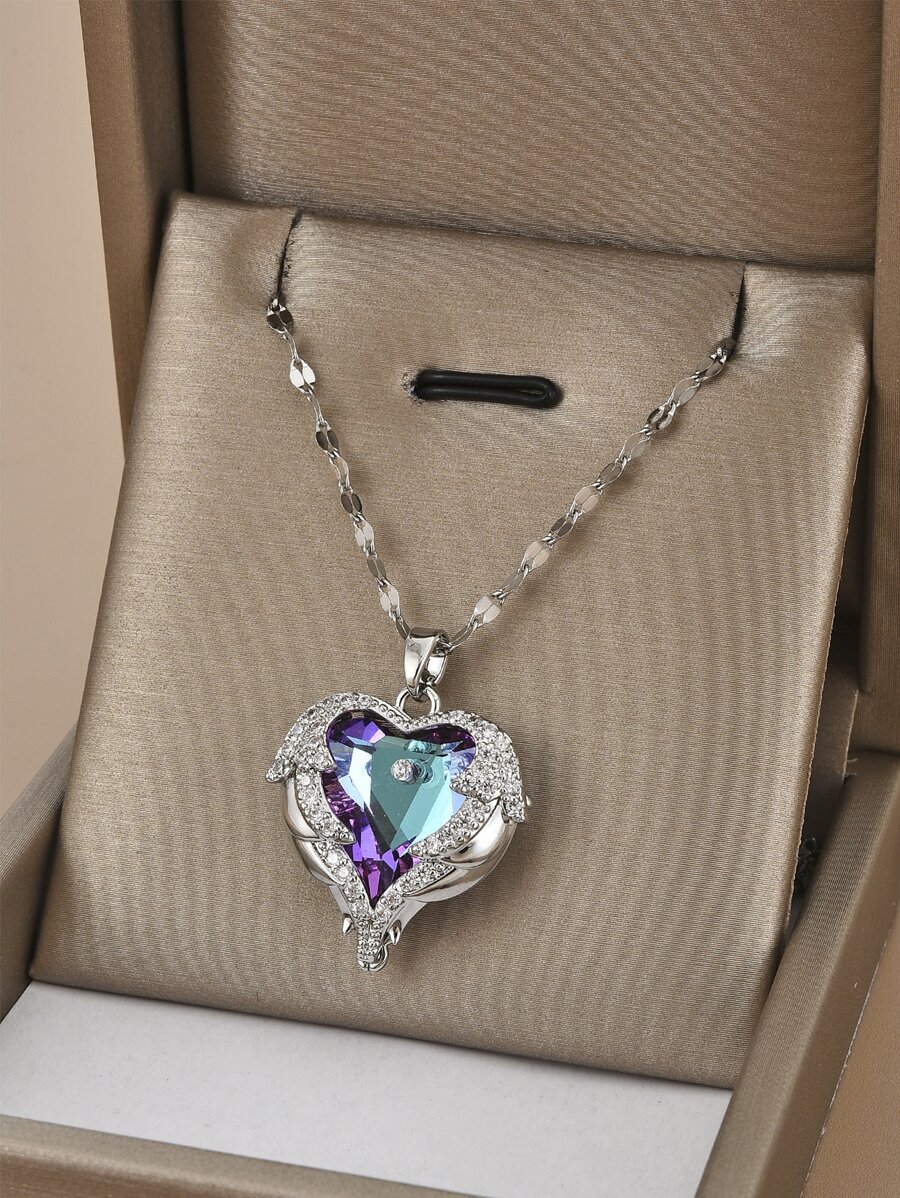 1pc Luxury Ocean Heart Stainless Steel Crystal Heart Necklace For Women, Suitable For Party, Daily Wear, European & American Style, Unique, Generous, Cubic Zirconia, Wedding Jewelry, Gift For Girl, Relative, Friend, Birthday, Valentine's Day, Gift For Lover - Silver - View 1