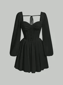 SHEIN MOD 素色前紐扣後背繫帶燈籠袖連衣裙 - 黑色 - 查看 1