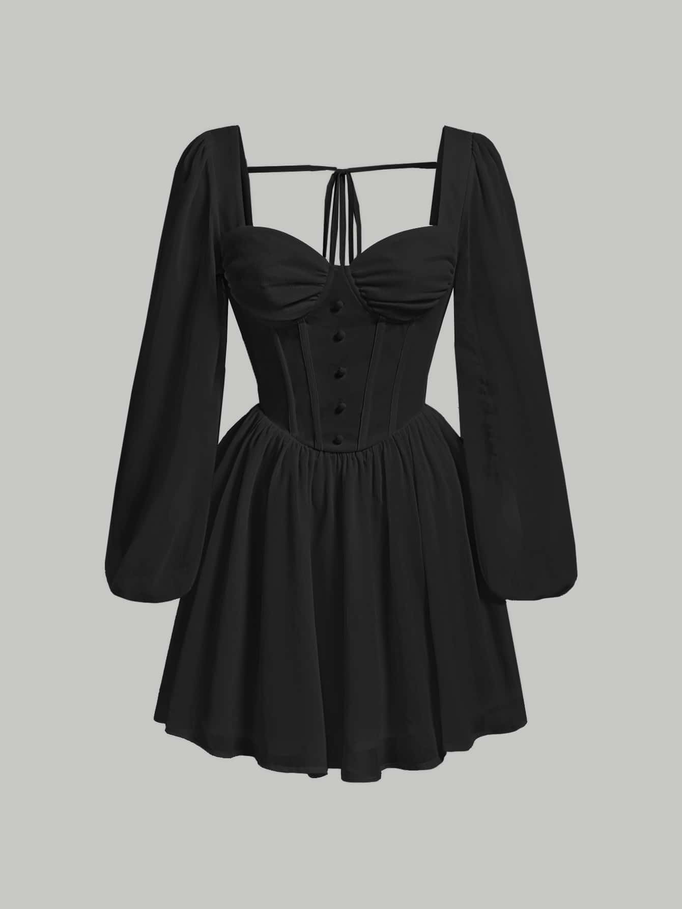 SHEIN MOD 素色前紐扣後背繫帶燈籠袖連衣裙 - 黑色 - 查看 1